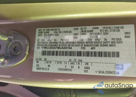 2021 Ford Escape Se из США, поврежденный, VIN 1FMCU0G67MUA00194